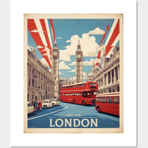 London England Double Decker Bus Vintage Travel Tourism Wall Art by TravelersGems